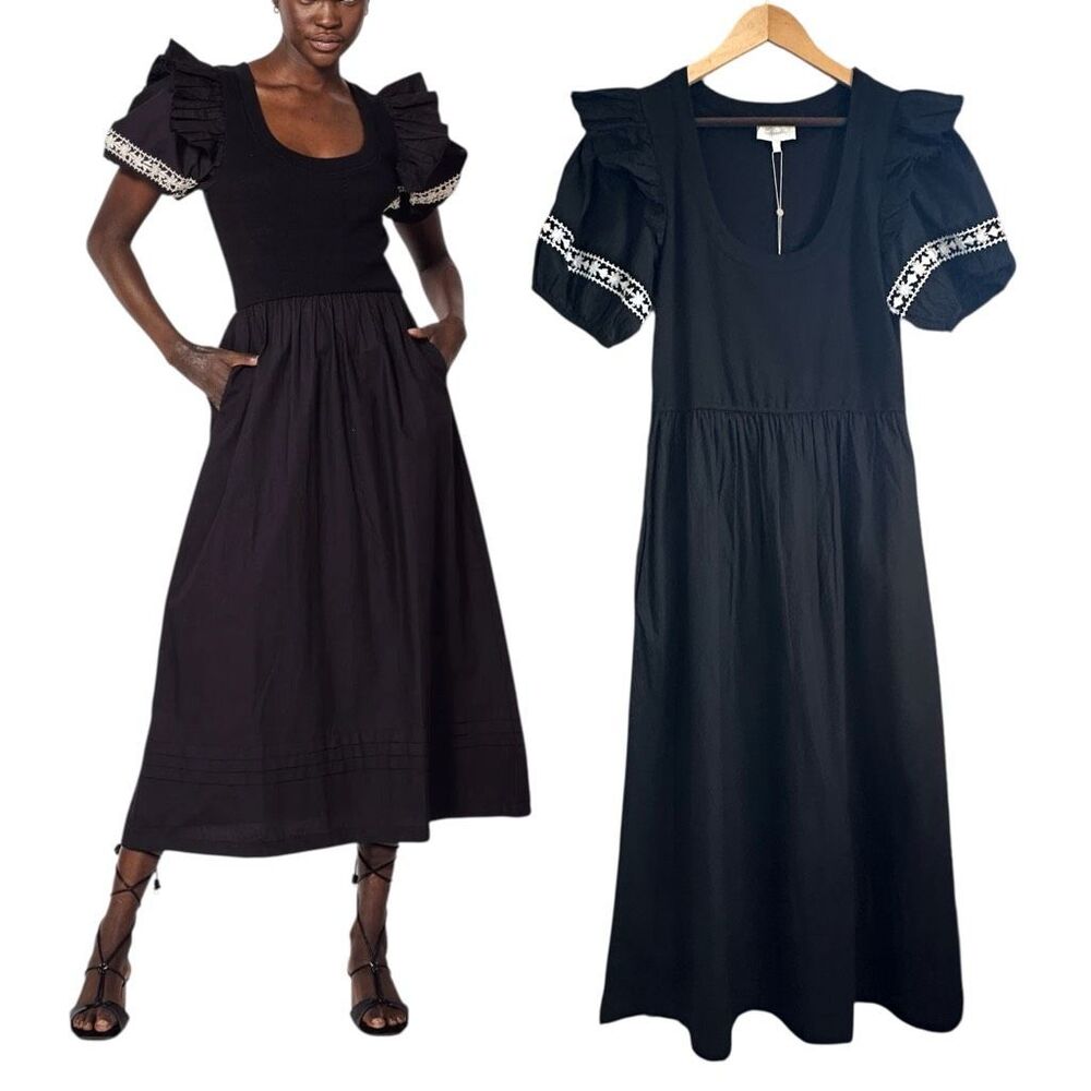 NWT‎ Cleobella Black Embroidered Ruffle Puff Sleeve Midi Cotton Dress Size L